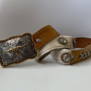 Hair-On Cowhide Western Belt with Longhorn Buckle & Concho Accents